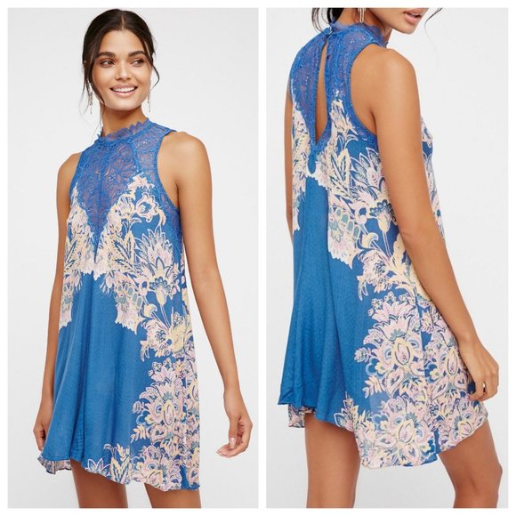 Free People Dresses & Skirts - Free People Blue Marsha Lace Printed Slip Dress